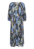 Kleid aus weichem, leichtem Stoff mit einem abstrakten Muster in Schwarz, Blau, Grün und Beige. Fließende Silhouette mit 3/4-Ärmeln und Rückenschließe.
