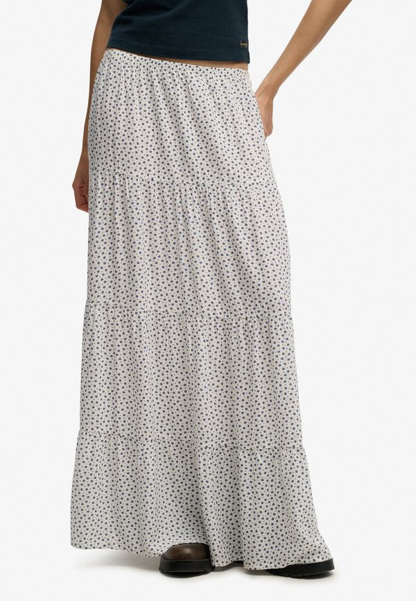 Superdry & Co SUPERDRY WOVEN TIERED MAXI SKIRT.. - Maxi skirt - off white ditsy hearts