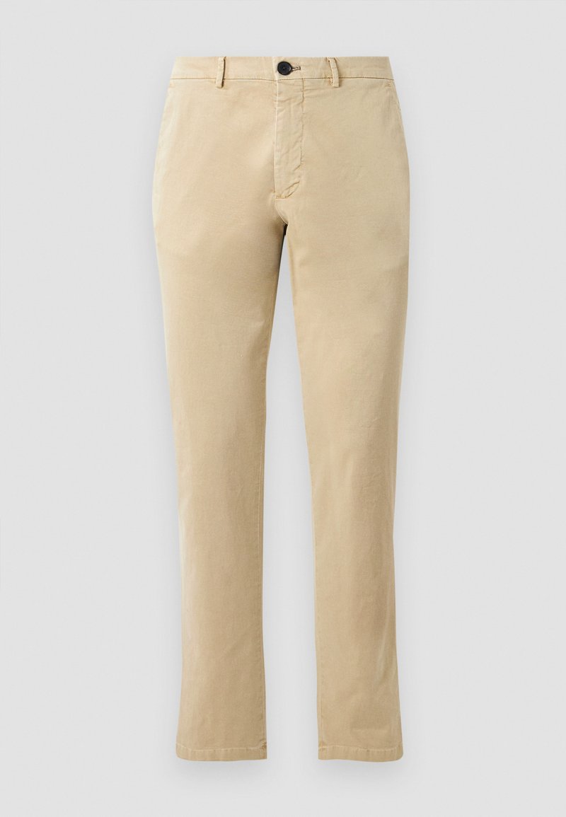 Beige Baumwoll-Chinos mit geradem Bein, frontale Knopfverschluss und dezenten Nähdetails. Glatte Textur und keine Muster.