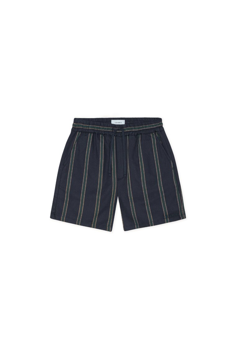 Marineblaue Shorts mit vertikalen Streifen in Grün, Gelb und Rot. Elastischer Bund mit Kordelzug. Zwei Seitentaschen. Leichter Stoff.