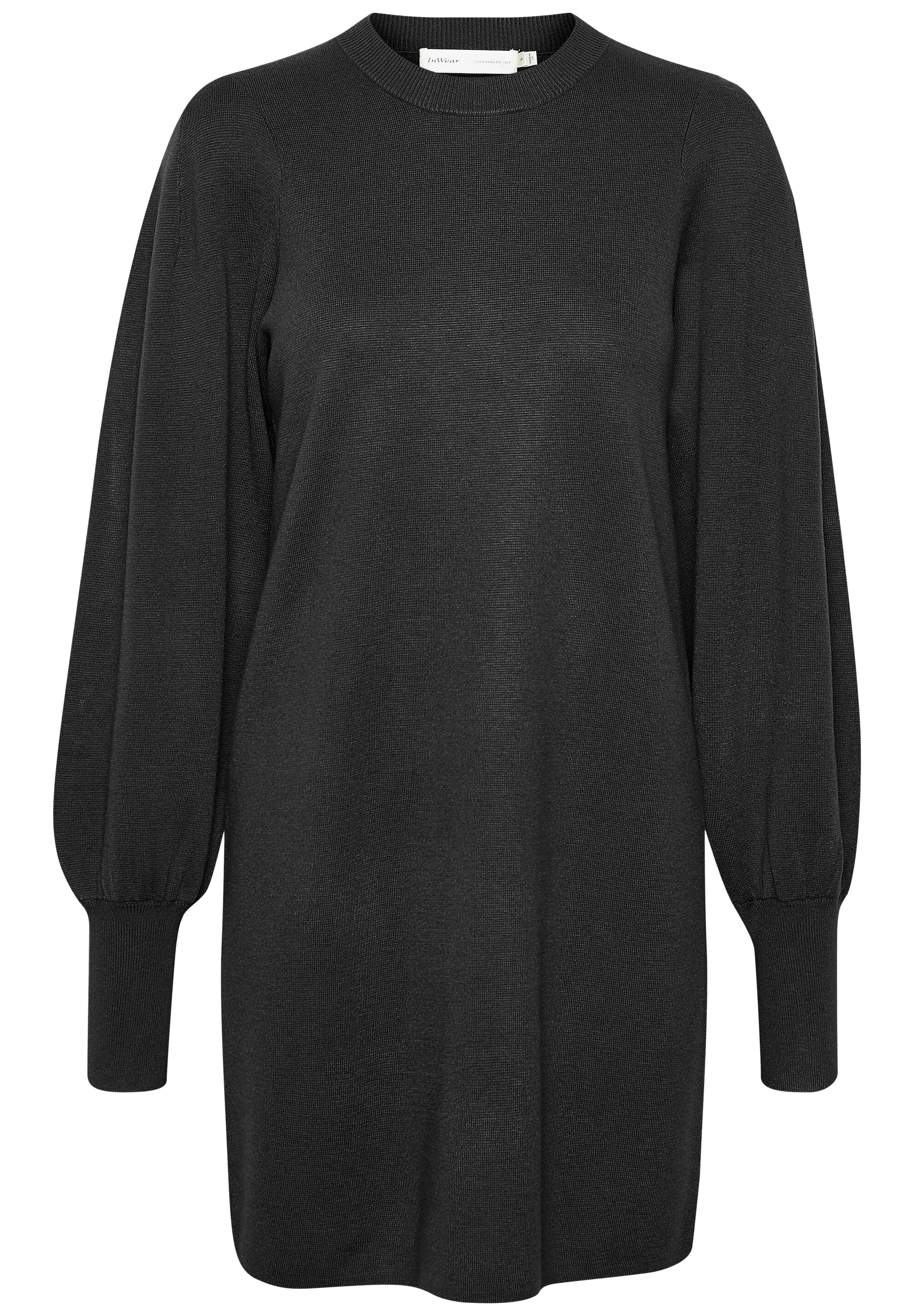 Schwarzes Strickkleid mit gerippter Textur, runder Halslinie und langen Puffärmel. Hat eine lockere Passform und umgeschlagene Ärmel.