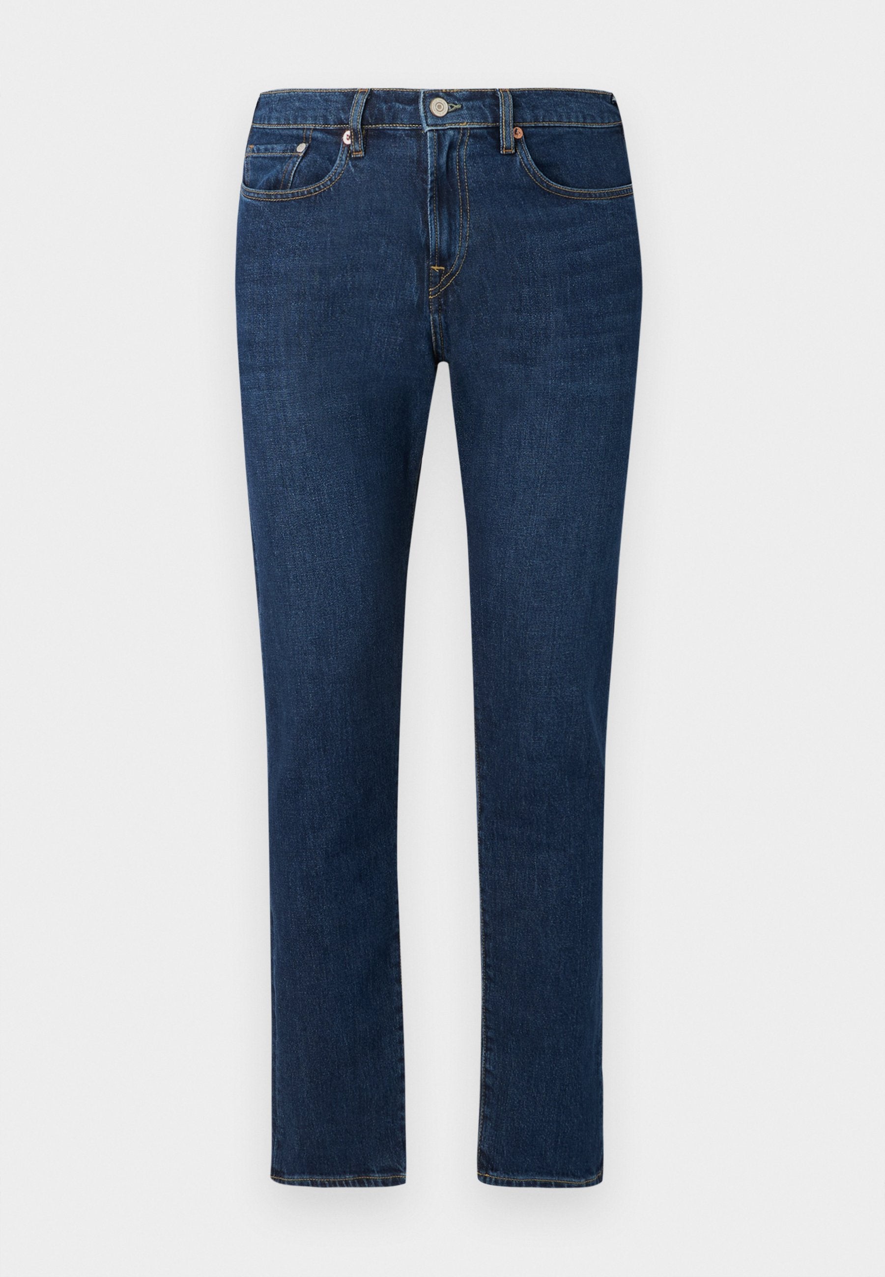 Dunkelblaue Denim-Jeans mit geradem Bein, klassischem Fünf-Taschen-Stil und einem Knopfverschluss am Bund.