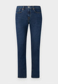 Dunkelblaue Denim-Jeans mit geradem Bein, klassischem Fünf-Taschen-Stil und einem Knopfverschluss am Bund.