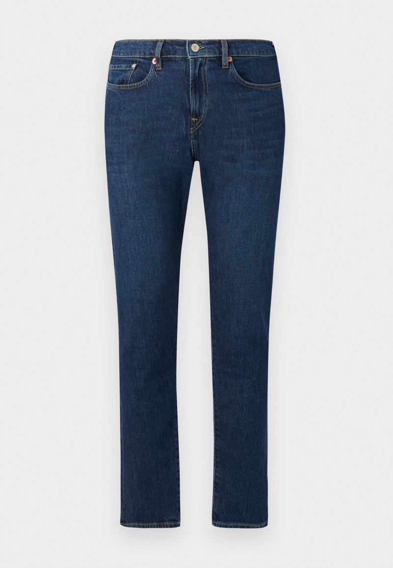 Dunkelblaue Denim-Jeans mit geradem Bein, klassischem Fünf-Taschen-Stil und einem Knopfverschluss am Bund.