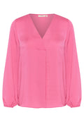 Rosa Bluse aus einem glatten Stoff mit einem V-Ausschnitt, langen Ärmeln mit elastischen Bündchen und einem zentralen Falten-Detail.