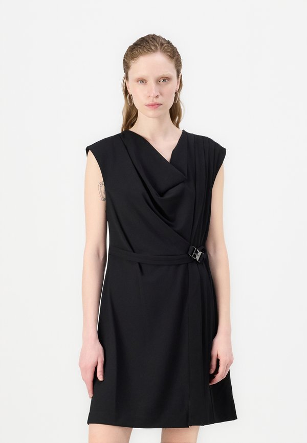 DKNY COWL NECK DRESS WITH PLEATS AND FAUX WRAP