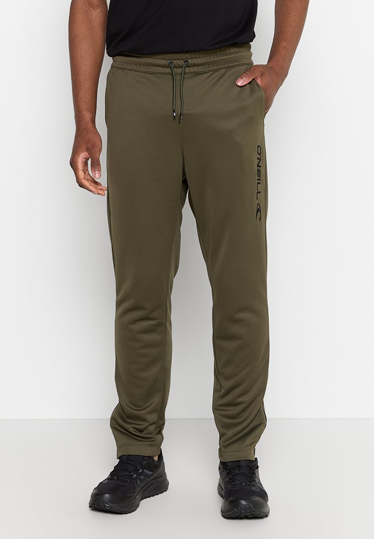 Olivgrüne Sport-Jogginghosen aus glattem, dehnbarem Material mit elastischem Bund und verstellbarem Kordelzug, ausgestattet mit einem schwarzen Logo-Akzent.