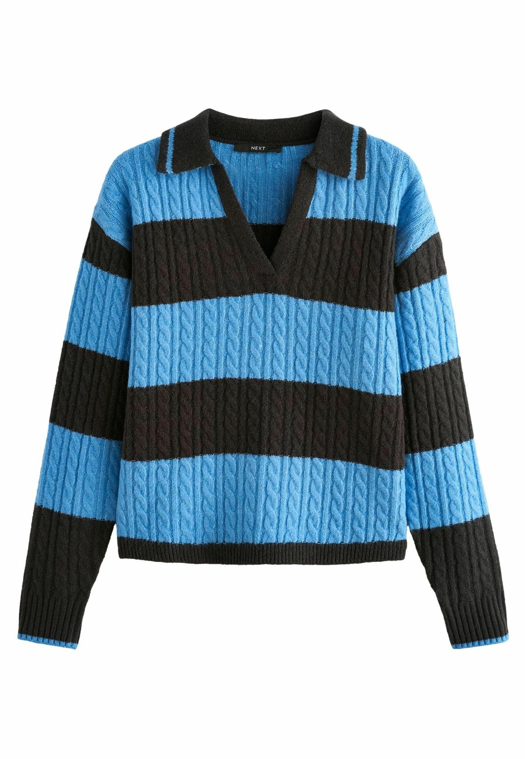 Strickpullover mit V-Ausschnitt, langen Ärmeln und kräftigen, abwechselnden Streifen in Hellblau und Schwarz, ergänzt durch strukturierte Zopfmusterakzente.
