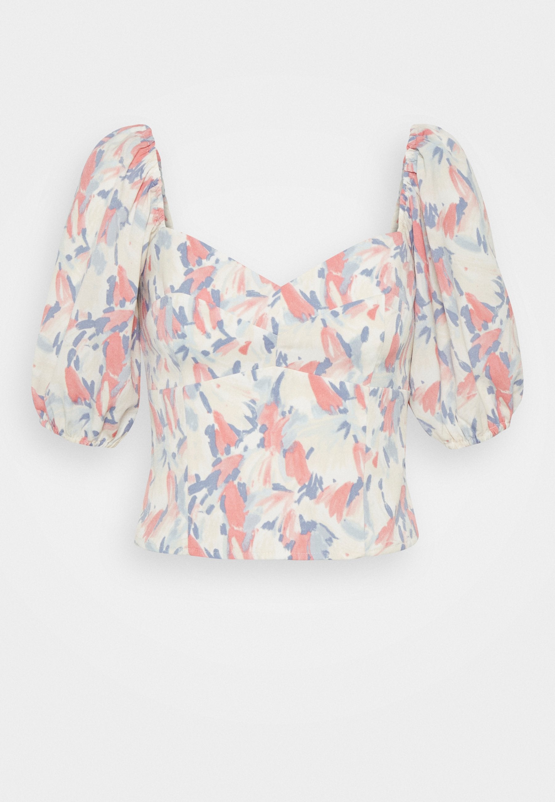 Bluse mit Blumenmuster und kurzen Puffärmeln. Hergestellt aus leichtem Stoff in Pastellfarben: Rosa, Blau und Creme. Eng anliegendes Oberteil mit Herz-Ausschnitt.