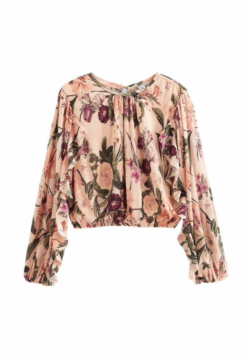 Florale, kurze Bluse aus weichem, pinkem Chiffon mit langen Ärmeln und elastischen Bündchen sowie Faltendetails. Enthält ein mehrfarbiges Blumenmuster.