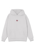 Hellgrau sweatshirt mit Kapuze aus Baumwollmischung, ausgestattet mit einer Kängurutasche vorne und einem kleinen gestickten Logo in Rot auf der Brust.