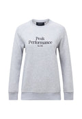 Hellgrauer Sweatshirt mit langen Raglanärmeln. Auf der Vorderseite befindet sich schwarzer Text "Peak Performance Est.1986". Weicher Stoff, gerippte Bundabschlüsse.