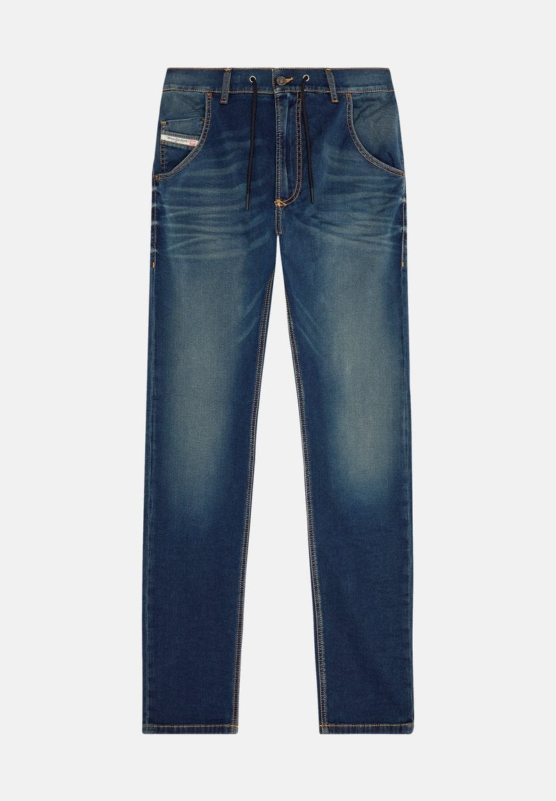 Dunkelblaue Jeans mit einem ausgebleichten Design, elastischem Kordelzug an der Taille und fünf Taschen. Kontrastnähte sind entlang der Nähte sichtbar.
