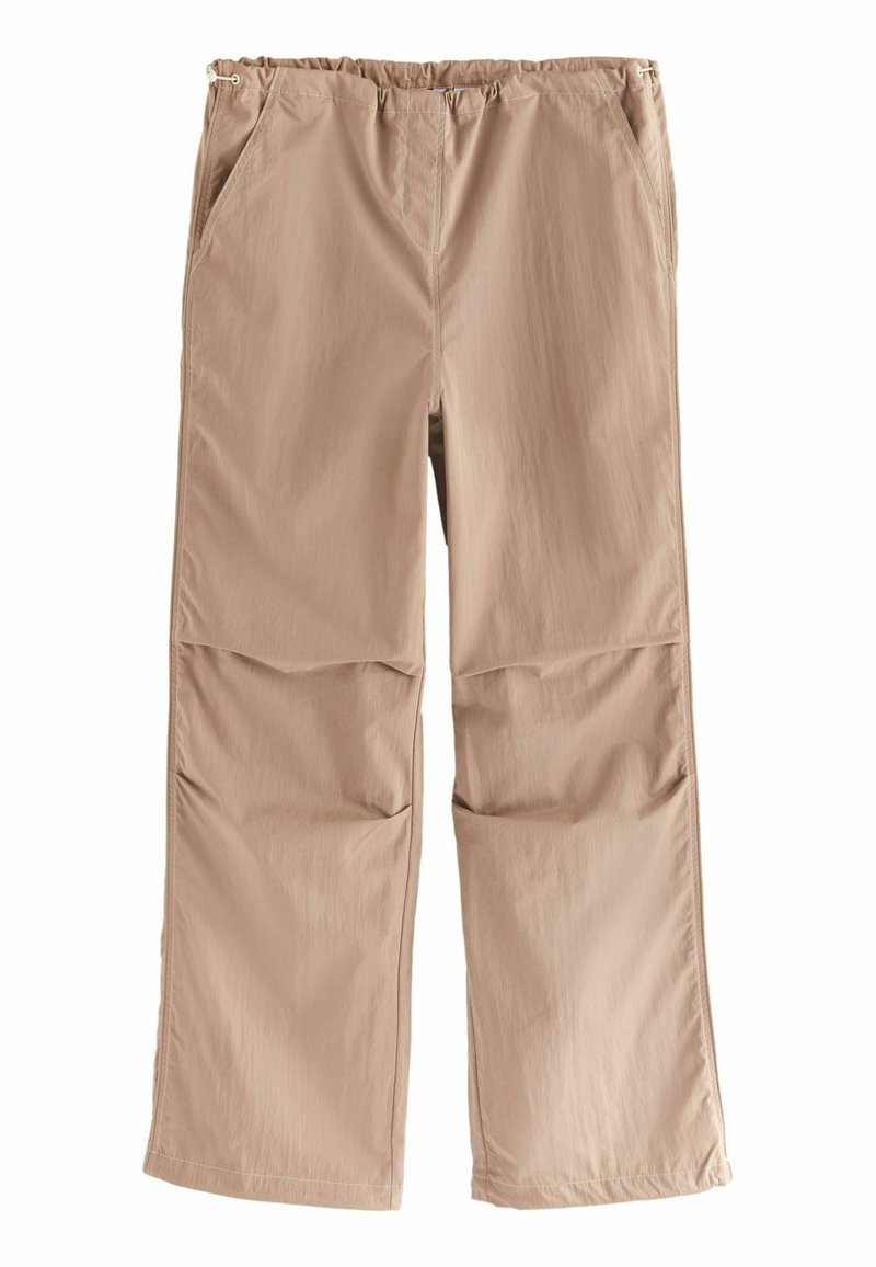 Beige, leichte, weit geschnittene Hosen mit elastischem Bund, zwei seitlichen Taschen und glatter Textur, geeignet für die Freizeit.