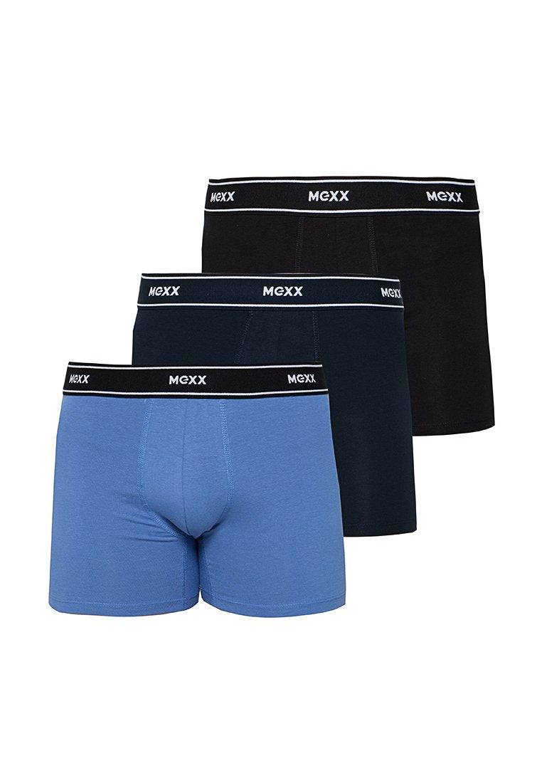 Drei Herren-Boxershorts in Blau, Dunkelblau und Schwarz, jeweils mit einem schwarzen Bund, der das weiße "MEXX"-Logo trägt.