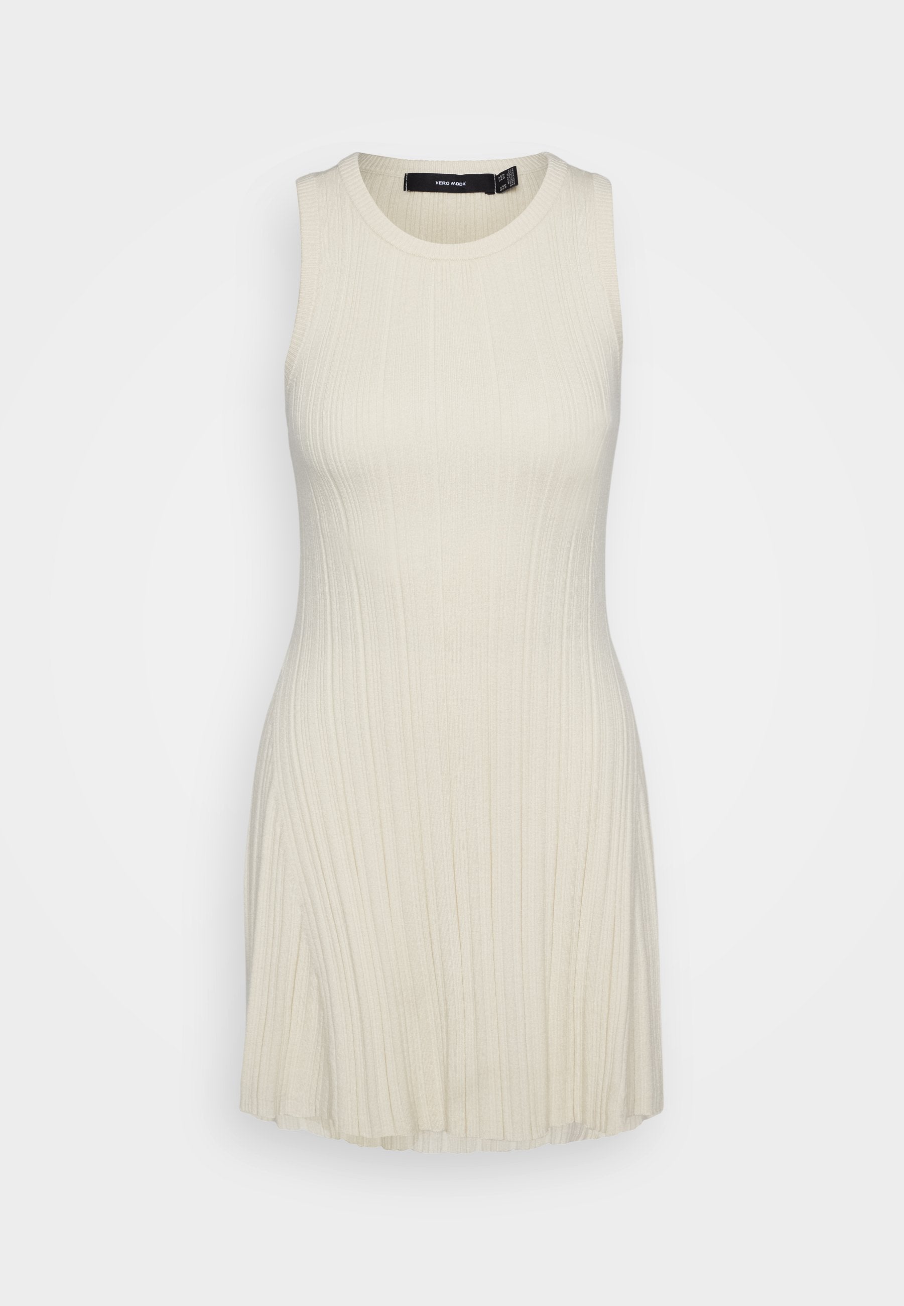 Strickkleid in naturfarbe ohne Ärmel mit gerippter Struktur, ausgestelltem Saum und rundem Halsausschnitt. Mit passgenauem Oberteil und weichem Fall.