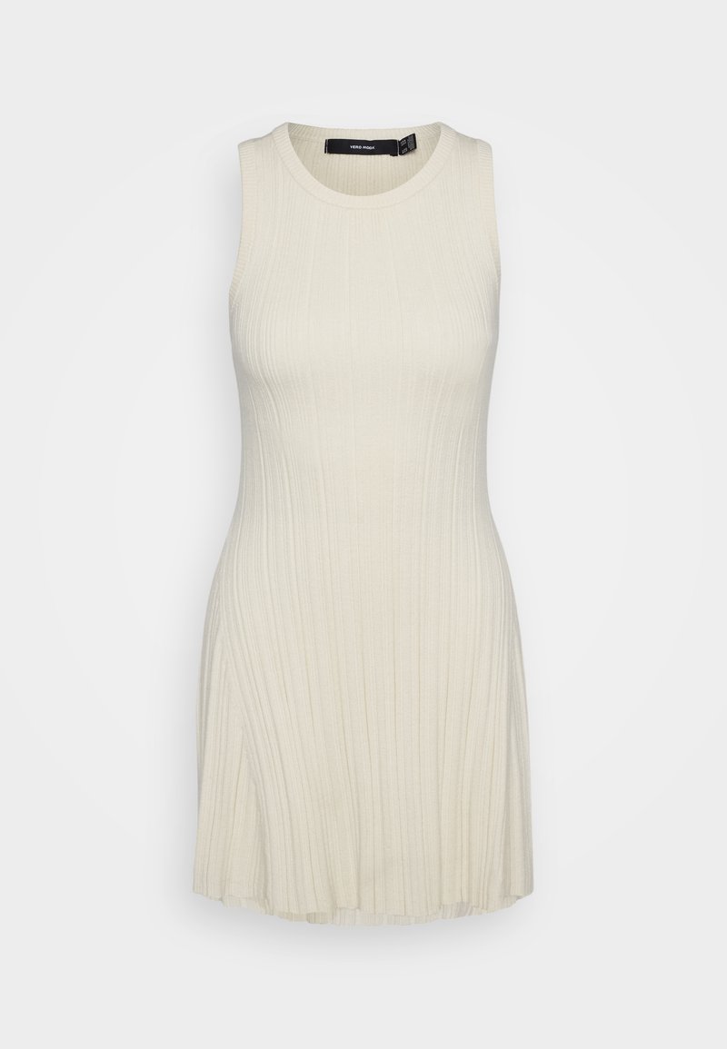 Strickkleid in naturfarbe ohne Ärmel mit gerippter Struktur, ausgestelltem Saum und rundem Halsausschnitt. Mit passgenauem Oberteil und weichem Fall.