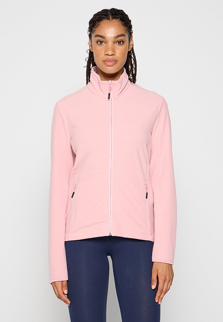 Helle rosa Fleecejacke mit Reißverschluss und hohem Kragen, zwei Reißverschlusstaschen und glatter Textur. Mit kontrastierendem Reißverschluss und kleinem Logodetail.