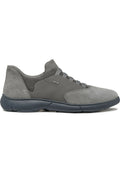 Graue Wildledersneaker mit Netzdetails, abgerundeter Zehe und flexibler, dunkler Sohle. Verfügt über eine Schnürung mit fünf Ösen.
