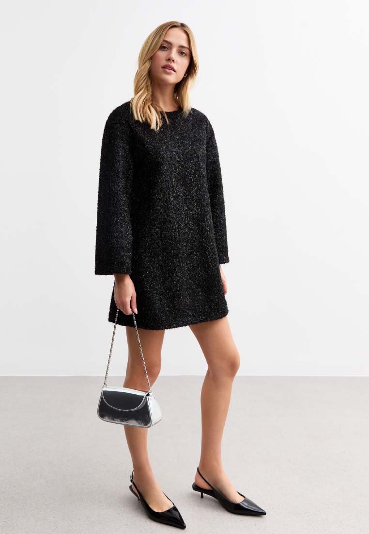 New Look BLACK BOW BACK TINSEL LONG SLEEVE MINI