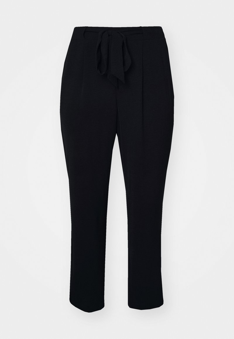 Schwarze Hose aus einem weichen Stoff, ausgestattet mit einem passenden Krawattengürtel, Falten an der Vorderseite und einem geraden Bein.