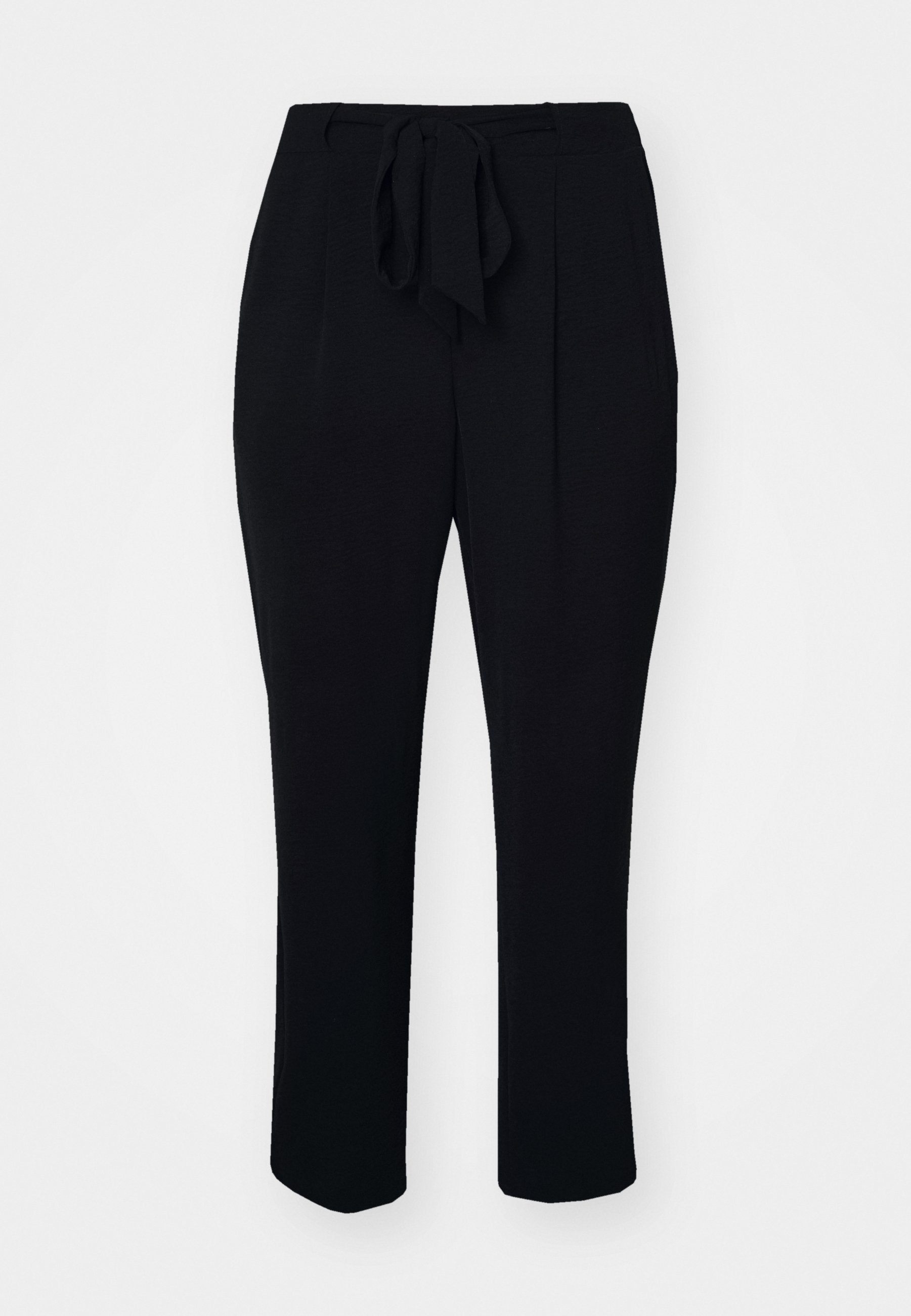 Schwarze Hose aus einem weichen Stoff, ausgestattet mit einem passenden Krawattengürtel, Falten an der Vorderseite und einem geraden Bein.