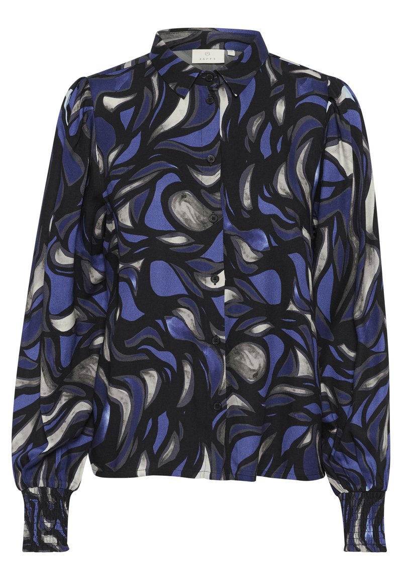 Langärmliges Hemd mit schwarzem Grund und abstrakten blauen und grauen Wirbelmustern. Verfügt über einen spitzen Kragen und geraffte Manschetten.
