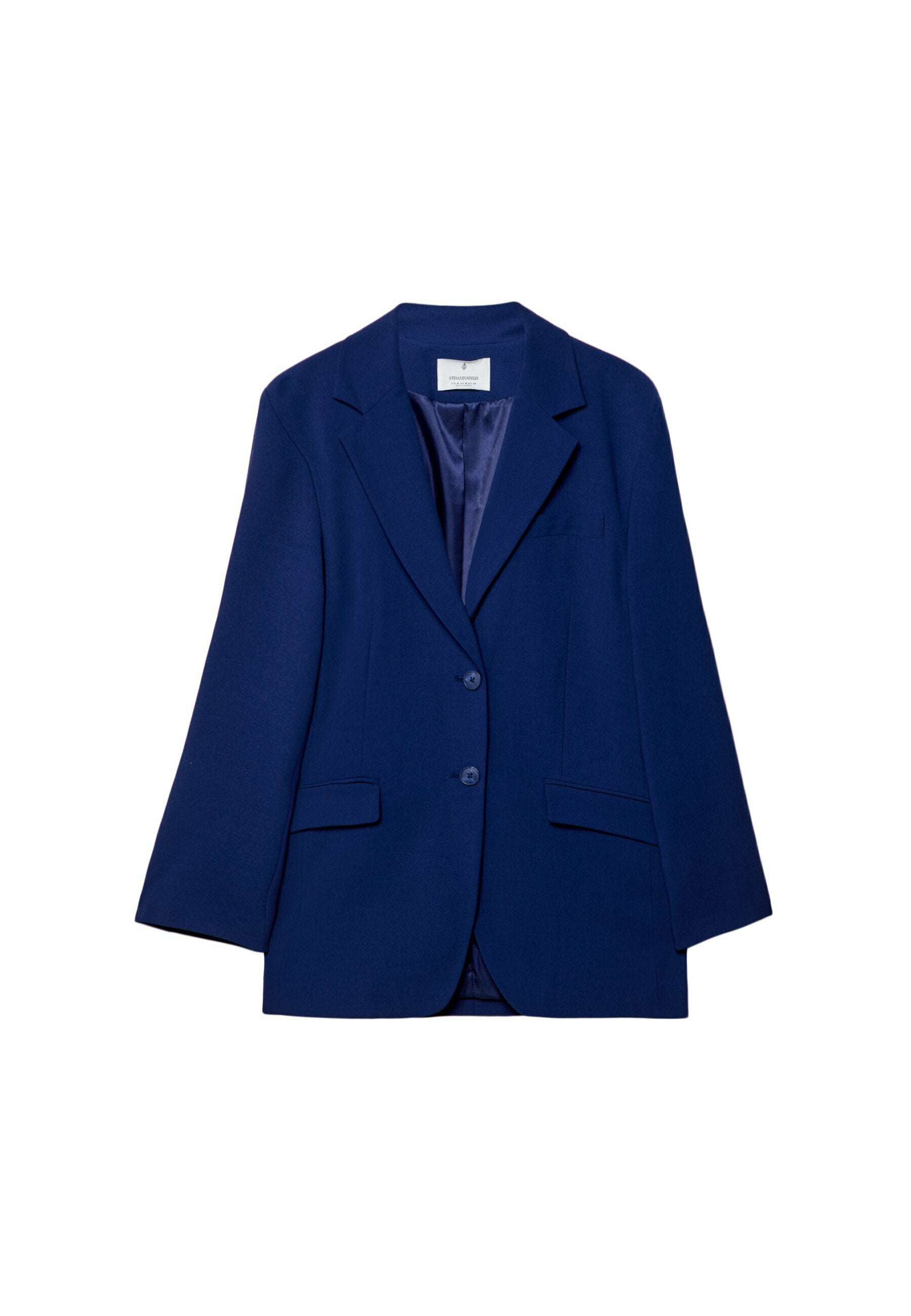 Marineblaues Blazer mit glatter Textur, einreihigem Design, zwei Fronttaschen und Reverskragen. Voll gefüttertes Innenfutter.