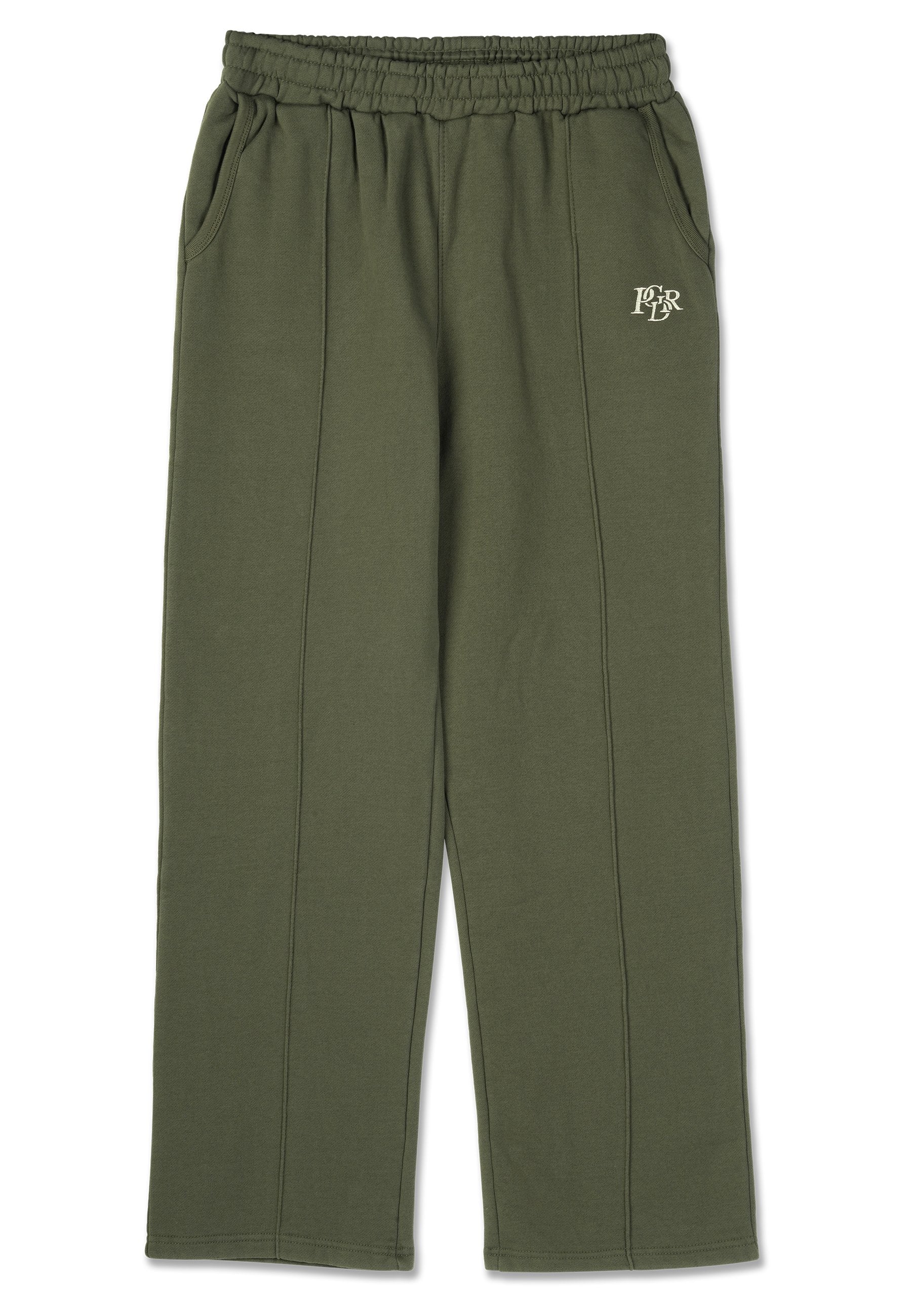 Olivgrüne Jogginghose mit elastischem Bund, seitlichen Taschen und dezenten Vordernähten. Der Stoff wirkt weich und bequem.