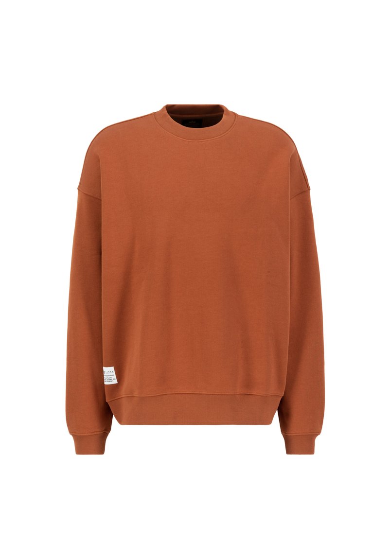 Rustfarbener Sweatshirt aus einem weichen Baumwollmix, mit Rundhalsausschnitt und langen Ärmeln, die mit gerippten Bündchen und Saum versehen sind.