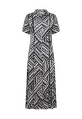 Kurzes Kleid mit kurzen Ärmeln in Marineblau und Creme mit geometrischem Muster, Kragen und einer lockeren Passform, aus weichem Stoff gefertigt.