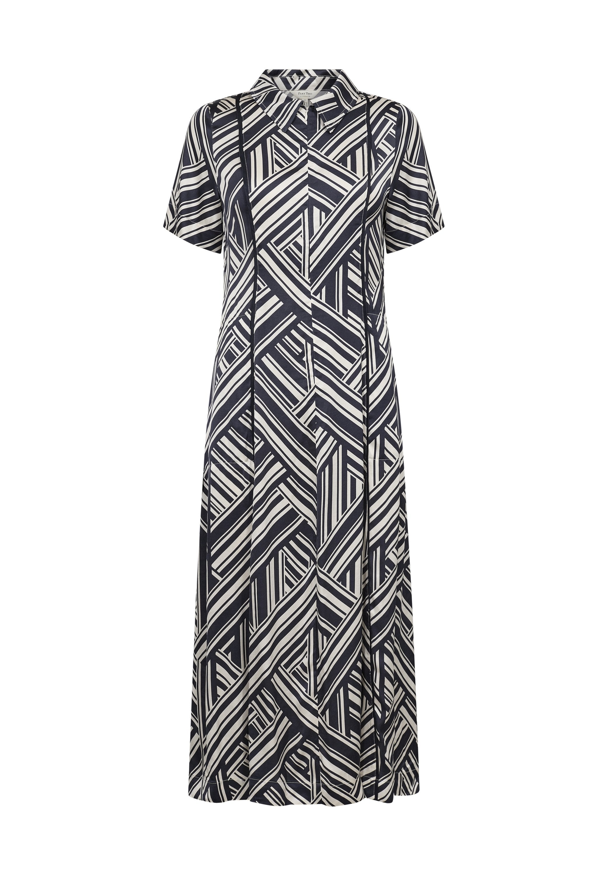 Kurzes Kleid mit kurzen Ärmeln in Marineblau und Creme mit geometrischem Muster, Kragen und einer lockeren Passform, aus weichem Stoff gefertigt.