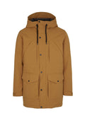 Braune, gepolsterte Parka mit Kapuze, ausgestattet mit zwei großen Fronttaschen, verstellbaren Kordeln und schwarzen Druckknöpfen. Glatte Textur.
