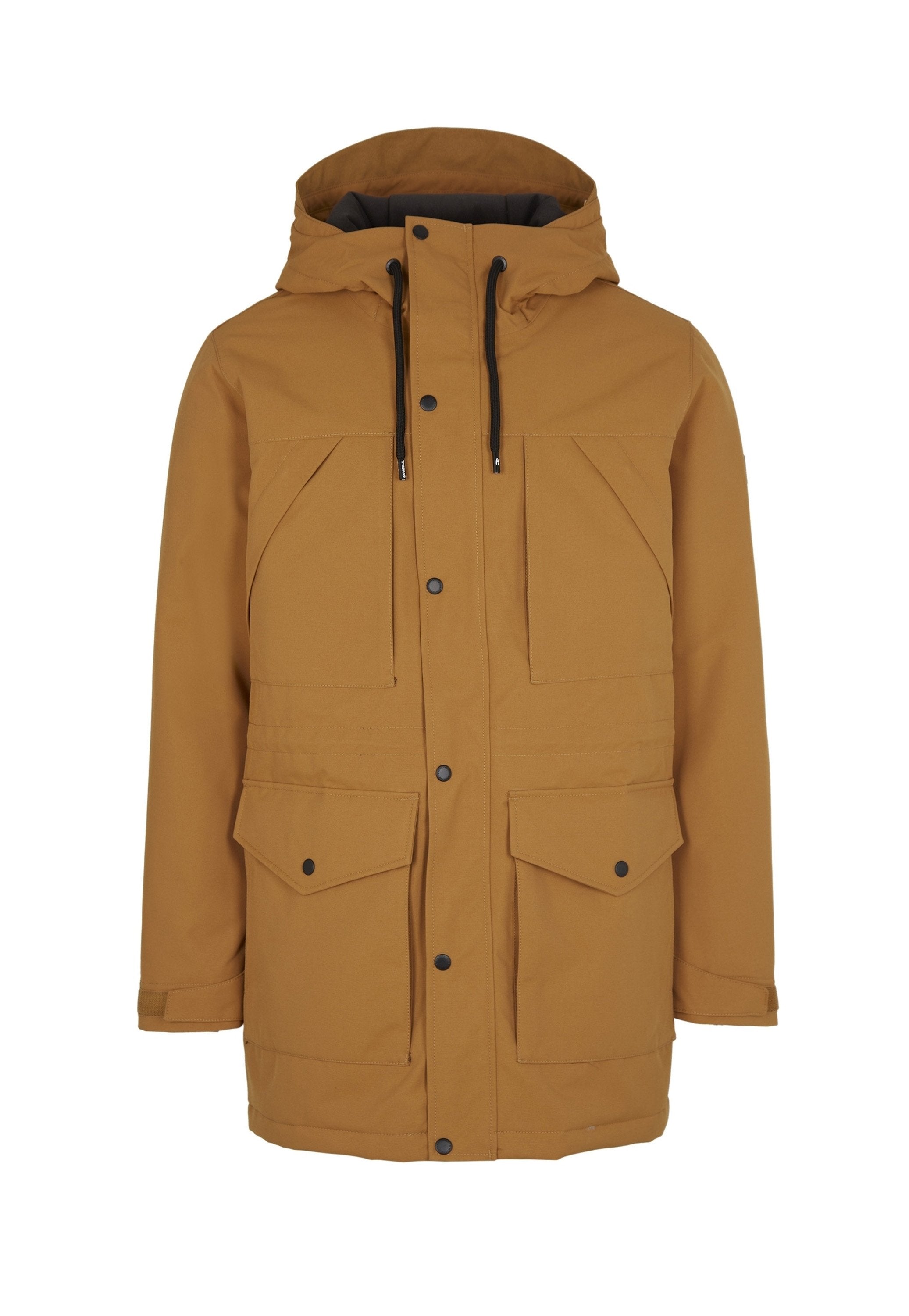 Braune, gepolsterte Parka mit Kapuze, ausgestattet mit zwei großen Fronttaschen, verstellbaren Kordeln und schwarzen Druckknöpfen. Glatte Textur.