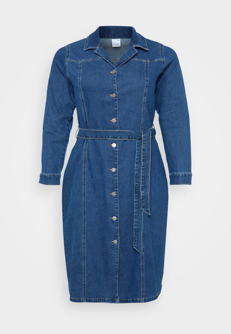 Denimkleid mit langen Ärmeln, durchgehender Knopfleiste, Taillengürtel und Kragen. Dunkelblaue Farbe mit helleren Nähten.