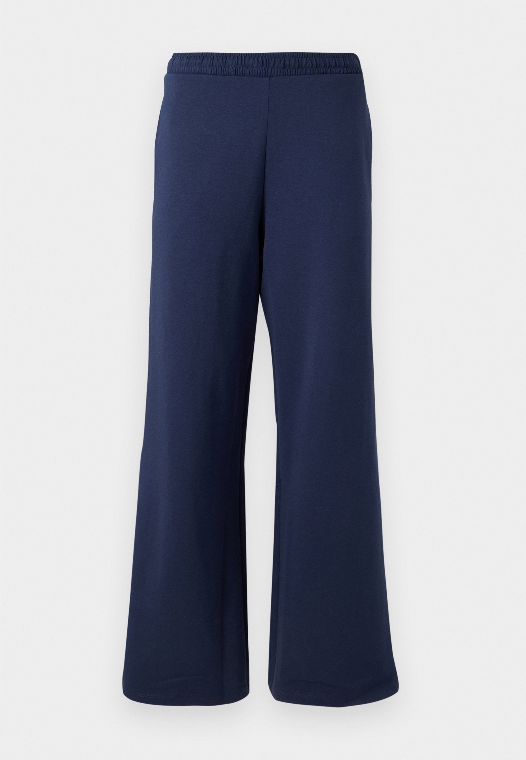 Marineblaue, weit geschnittene Hose mit elastischem Bund, aus weichem Stoff, vor einem schlichten weißen Hintergrund präsentiert.