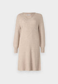 Beige Strickkleid mit V-Ausschnitt, langen Puffärmeln und lässiger Passform. Hergestellt aus weichem Material mit Struktur.