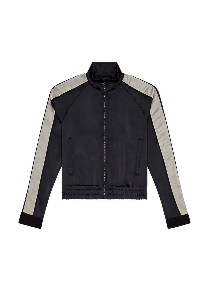 Schwarze Zip-Jacke mit beigen Schulter- und Seiteneinsätzen. Verfügt über elastische Bündchen und einen elastischen Bund, eine glatte Textur und seitliche Taschen.