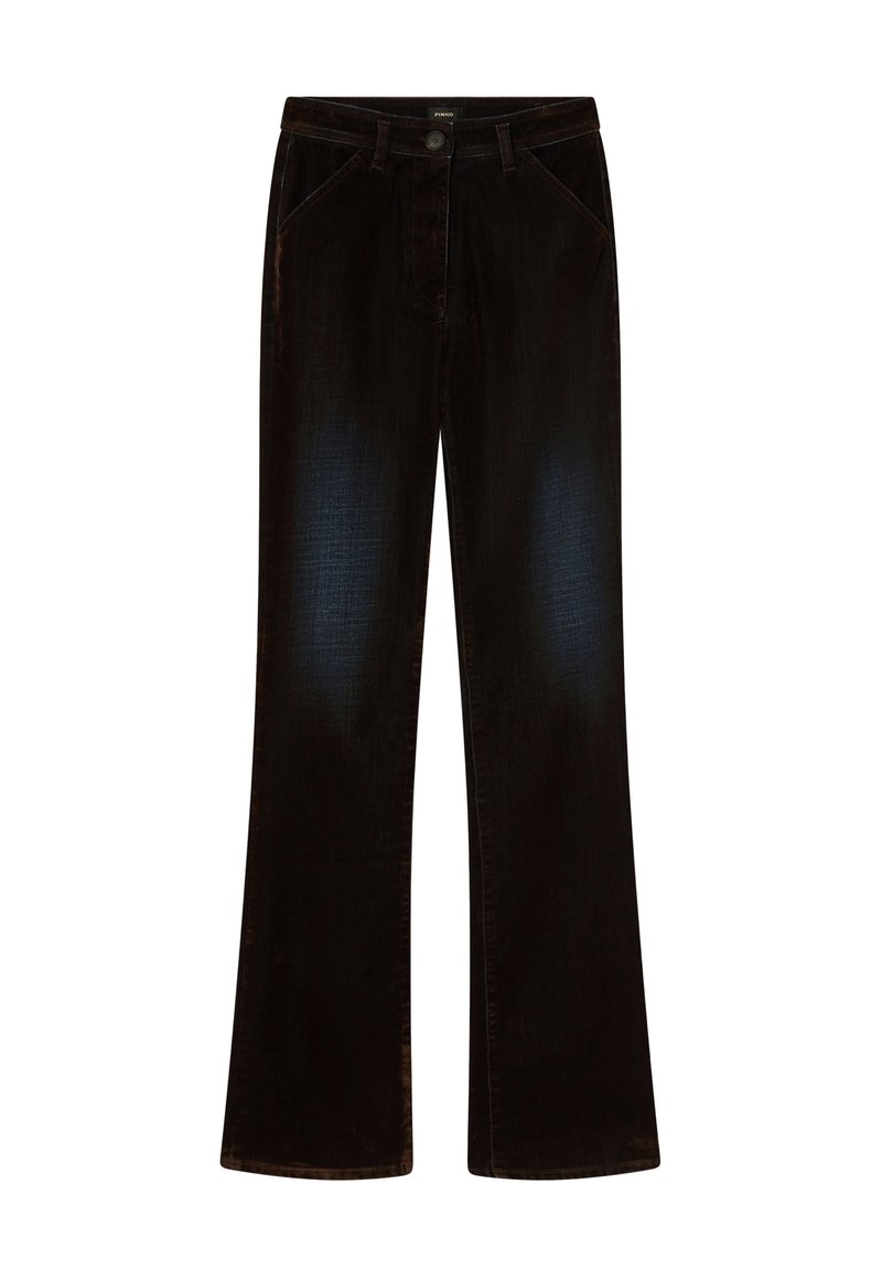 Schwarze Denim-Jeans im Flared-Stil mit klassischem Fünf-Taschen-Design, Knopfverschluss und subtiler Textur mit leichtem Glanz.