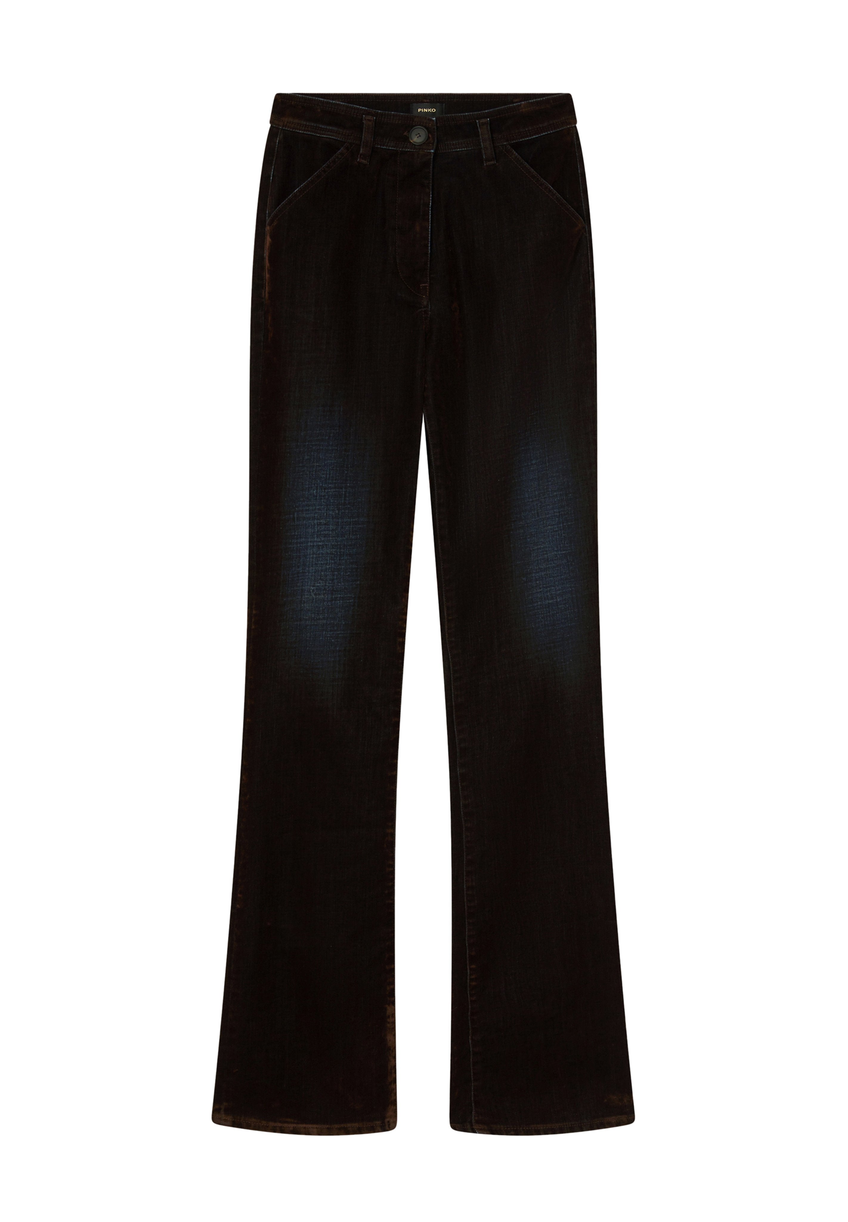 Schwarze Denim-Jeans im Flared-Stil mit klassischem Fünf-Taschen-Design, Knopfverschluss und subtiler Textur mit leichtem Glanz.