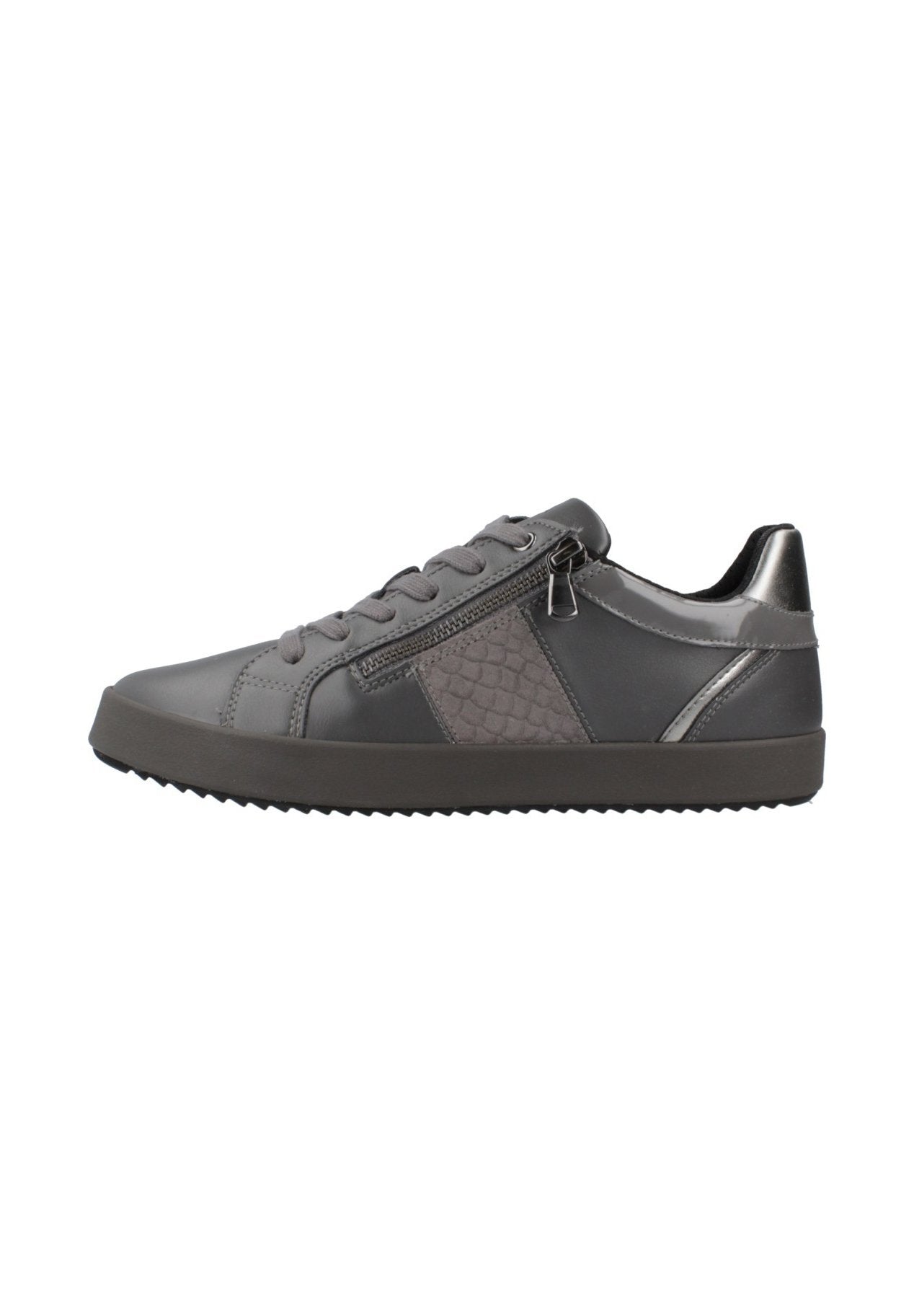Graue Leder-Sneaker mit einer strukturierten Seitenpartie, metallischen Akzenten, Schnürsenkeln und einem seitlichen Reißverschluss. Verfügt über eine Gummisohle mit griffigem Muster.
