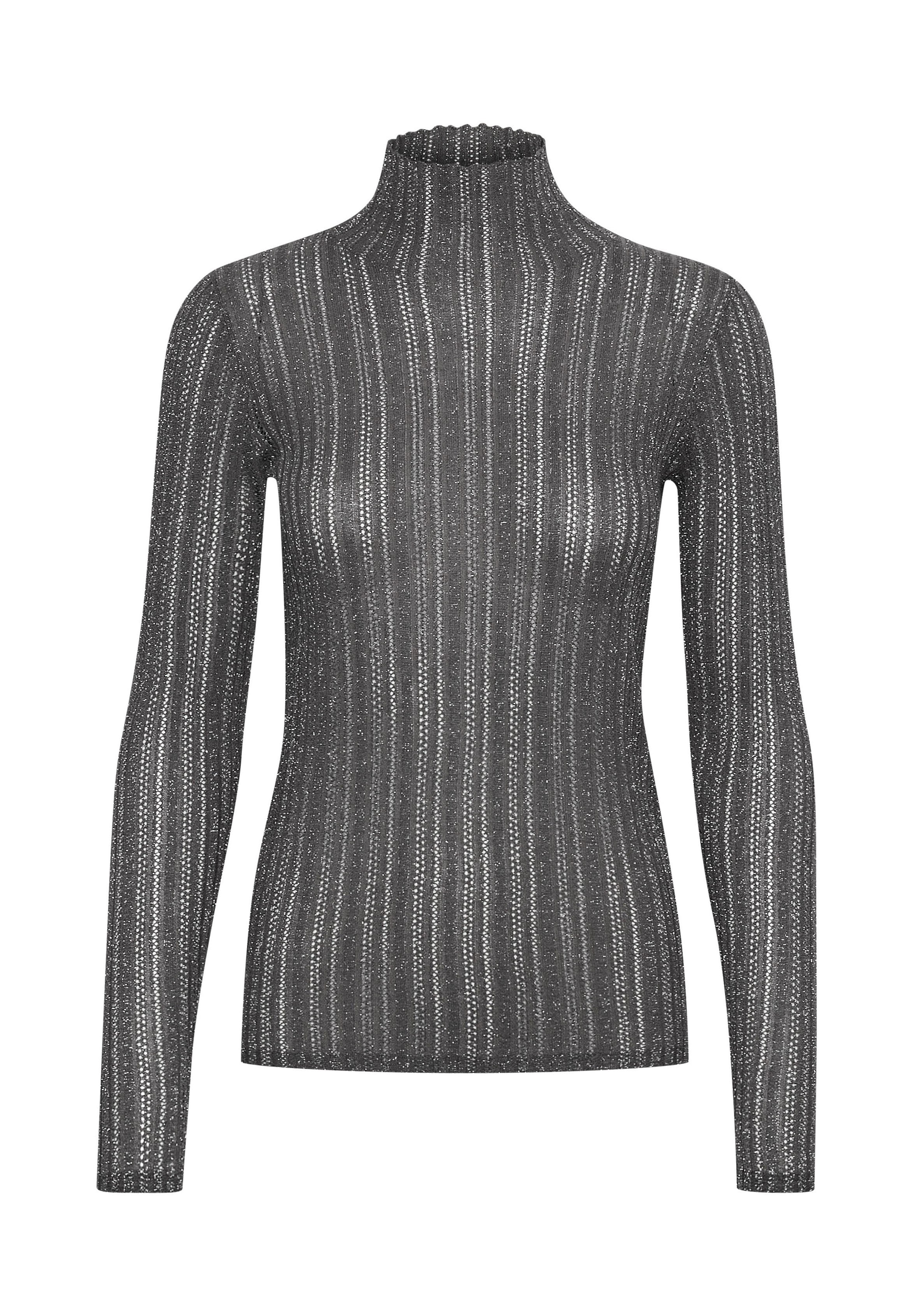 Grauer langärmeliger Rollkragenpullover mit gerippter Textur, der vertikale gestreifte Aussparungen und eine taillierte Silhouette aufweist.