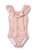 Floraler Einteiler-Badeanzug in Pink mit einem Rüschenkragen. Verziert mit kleinen, mehrfarbigen Blumen und Spitzenbesatz entlang der Rüsche.