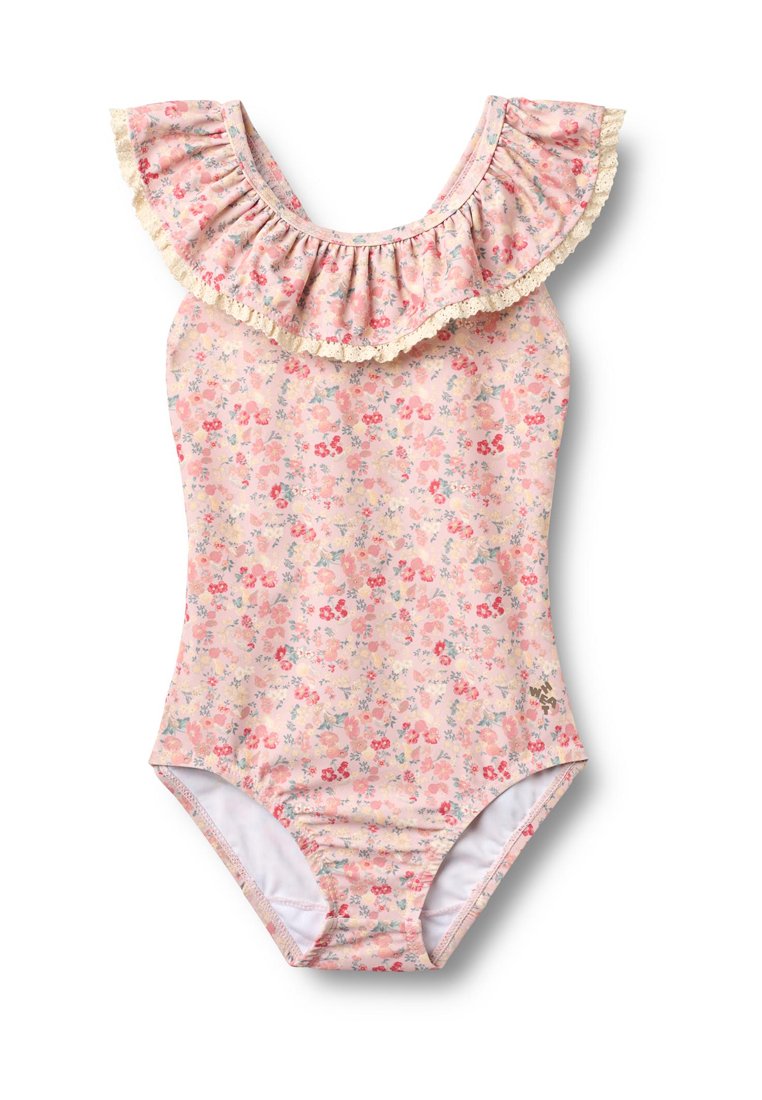 Floraler Einteiler-Badeanzug in Pink mit einem Rüschenkragen. Verziert mit kleinen, mehrfarbigen Blumen und Spitzenbesatz entlang der Rüsche.