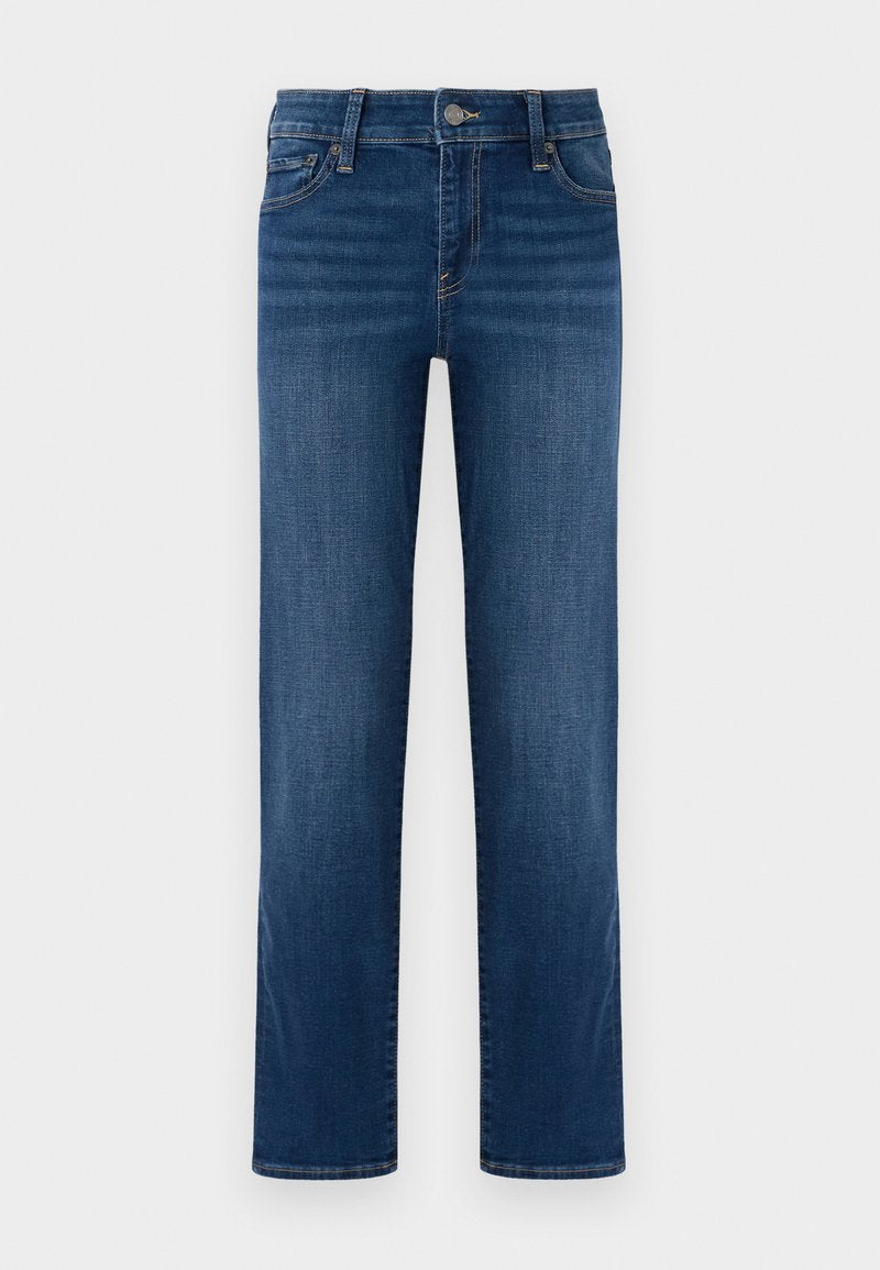 Blaue Denim-Jeans, gerades Bein, mittlerer Waschung, fünf Taschen, Knopf- und Reißverschlussverschluss, sichtbare Nähte, glatte Textur.