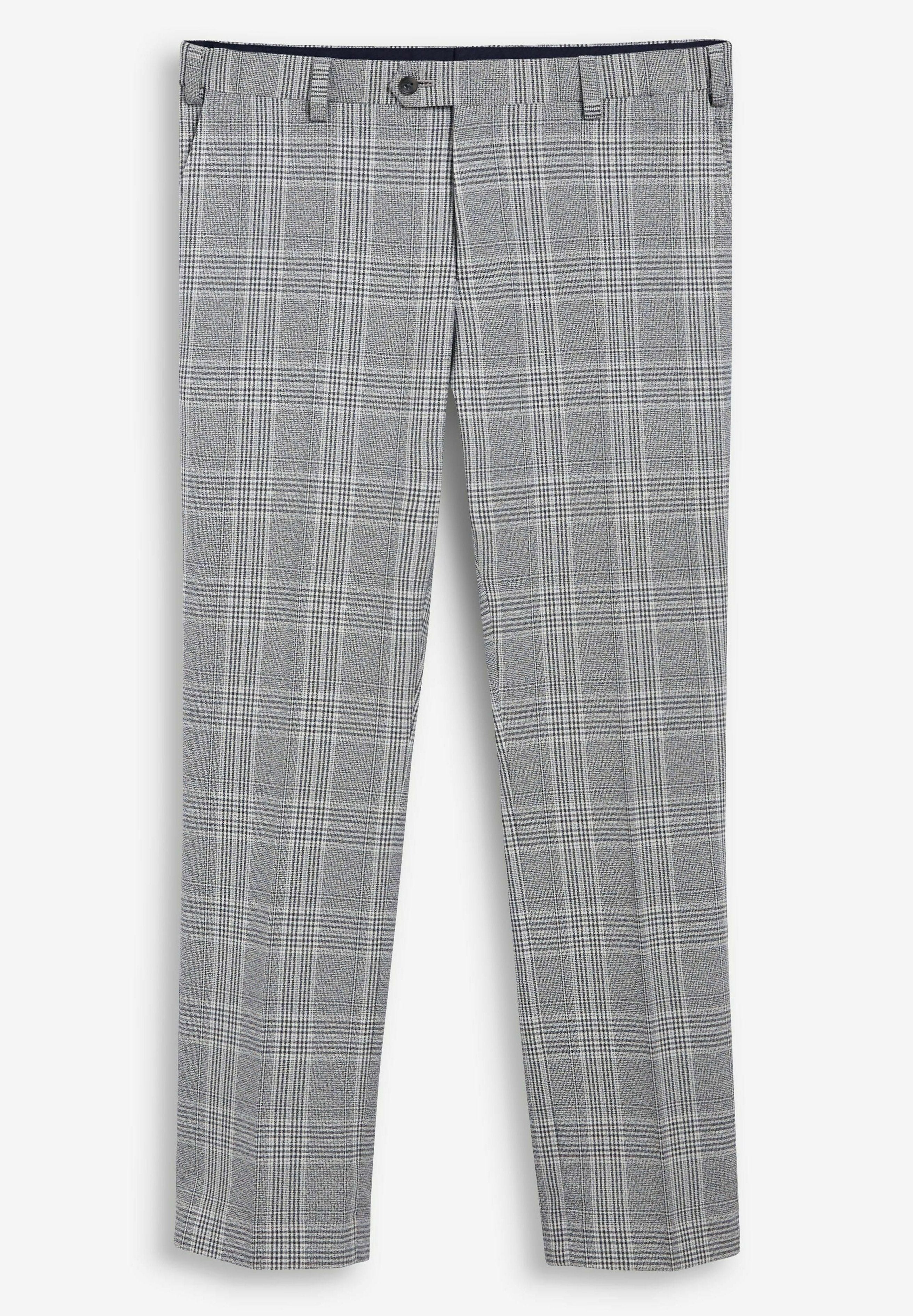Karierte Hosen mit einem grau-weißen Muster. Aus gewebtem Material gefertigt, haben sie einen flachen Vorderteil, Gürtelschlaufen und einen vorderen Knopfverschluss.