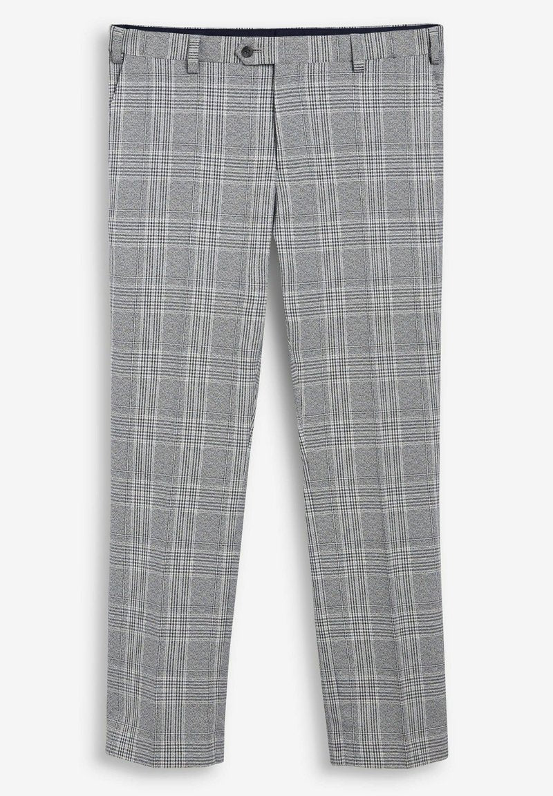 Karierte Hosen mit einem grau-weißen Muster. Aus gewebtem Material gefertigt, haben sie einen flachen Vorderteil, Gürtelschlaufen und einen vorderen Knopfverschluss.