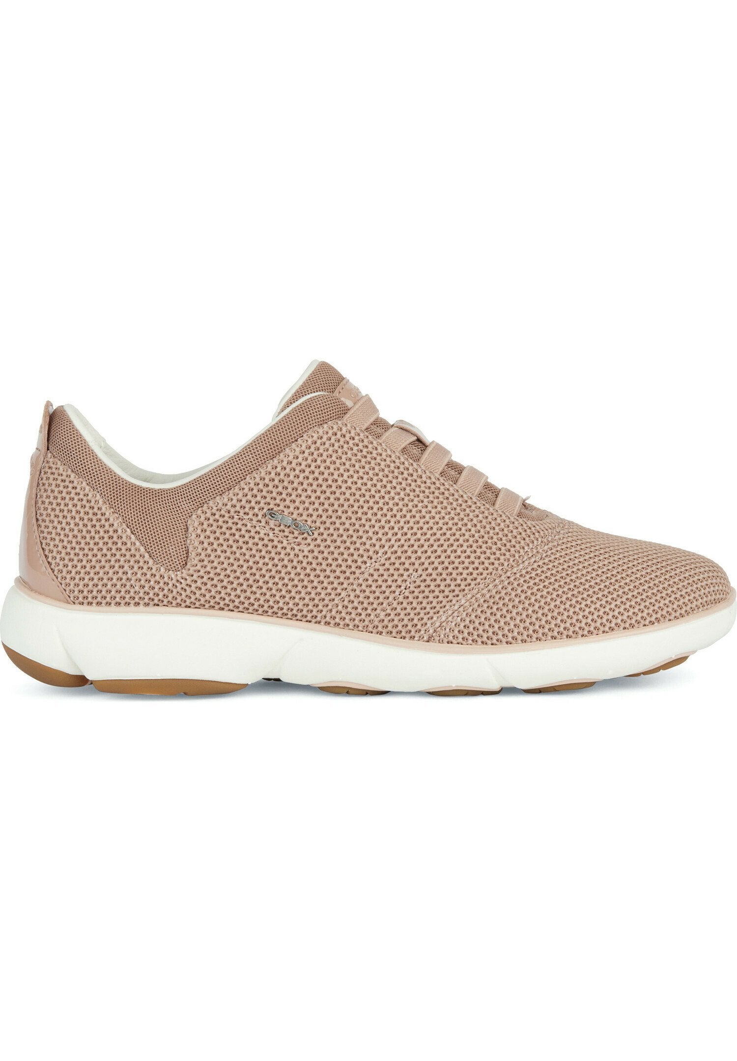Rosa Netzsneaker mit einem weichen, flexiblen Design. Verfügt über eine weiße Zwischensohle und Gummi-Außensohle, mit minimalen Schnürsenkeln und strukturierten Oberflächen.
