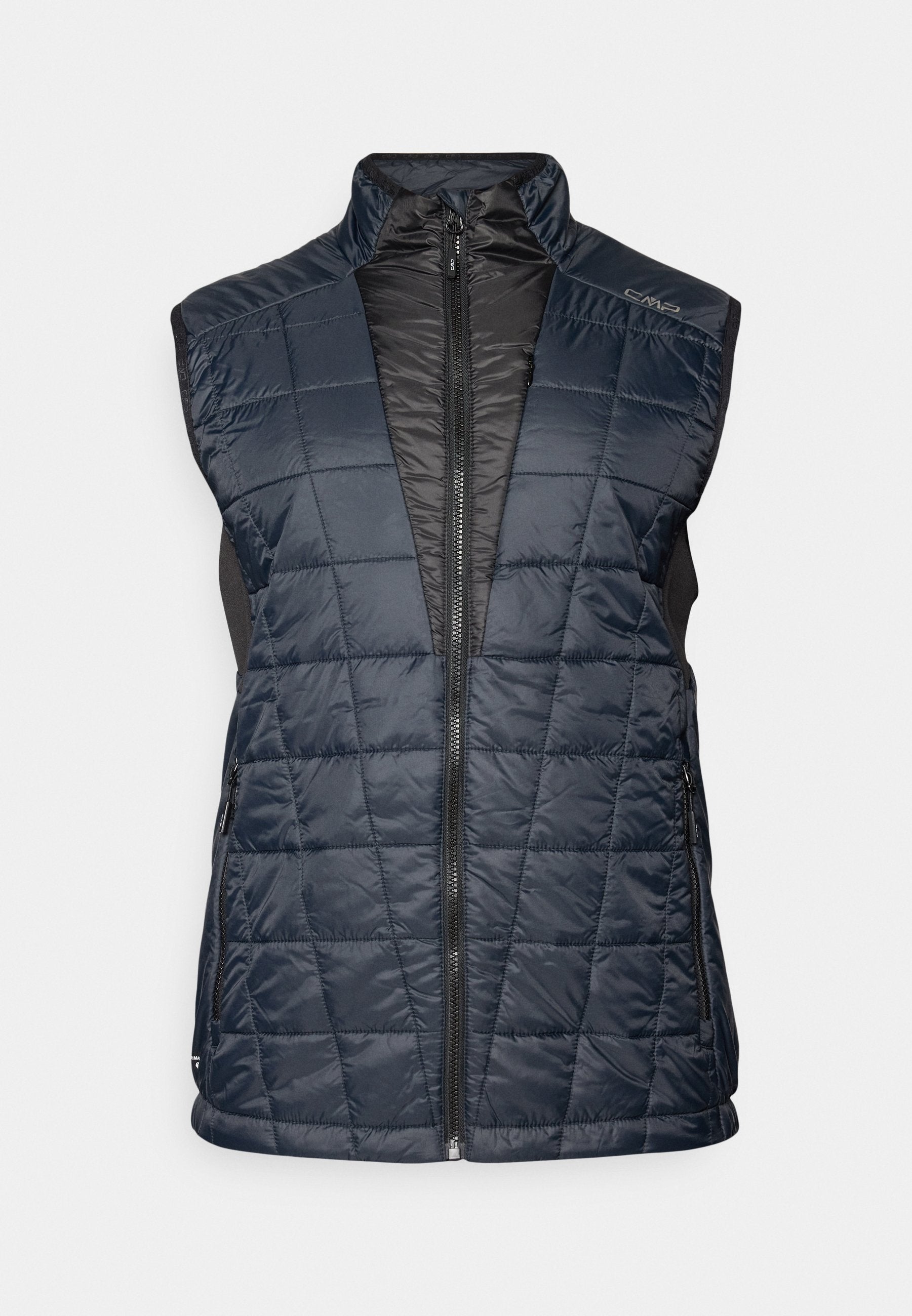 Marineblaue isolierte Weste mit einem Reißverschluss vorne, steppartiger Textur, hohem Kragen und seitlichen Taschen, mit kontrastierendem schwarzen Innenfutter.