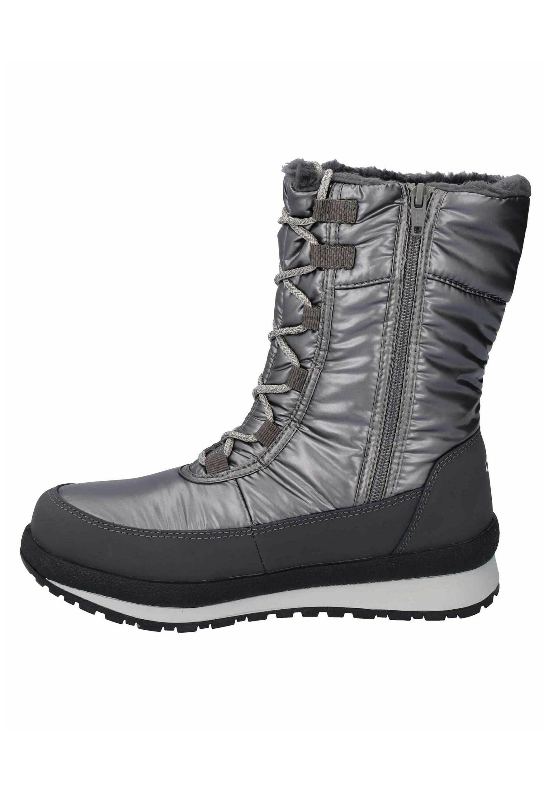 Graue isolierte Stiefel mit einer glänzenden, gepolsterten Oberseite, Gummisohle, kontrastierenden schwarzen Akzenten, seitlichem Reißverschluss und schnürbarem Vorderteil für einen sicheren Sitz.